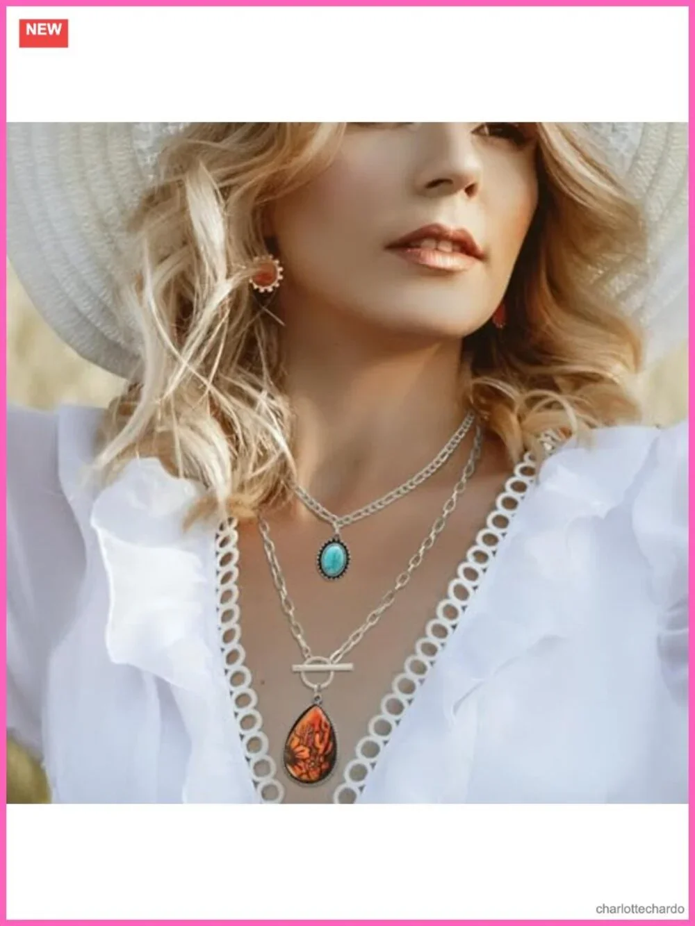 2 Pc Western Turquoise Pendant Necklace Set Boho Concho Cactus Toggle